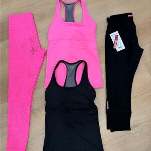 ZYIA Pink Racerback Tank, Pink Speckled Leggings & Black Sports Tank Set